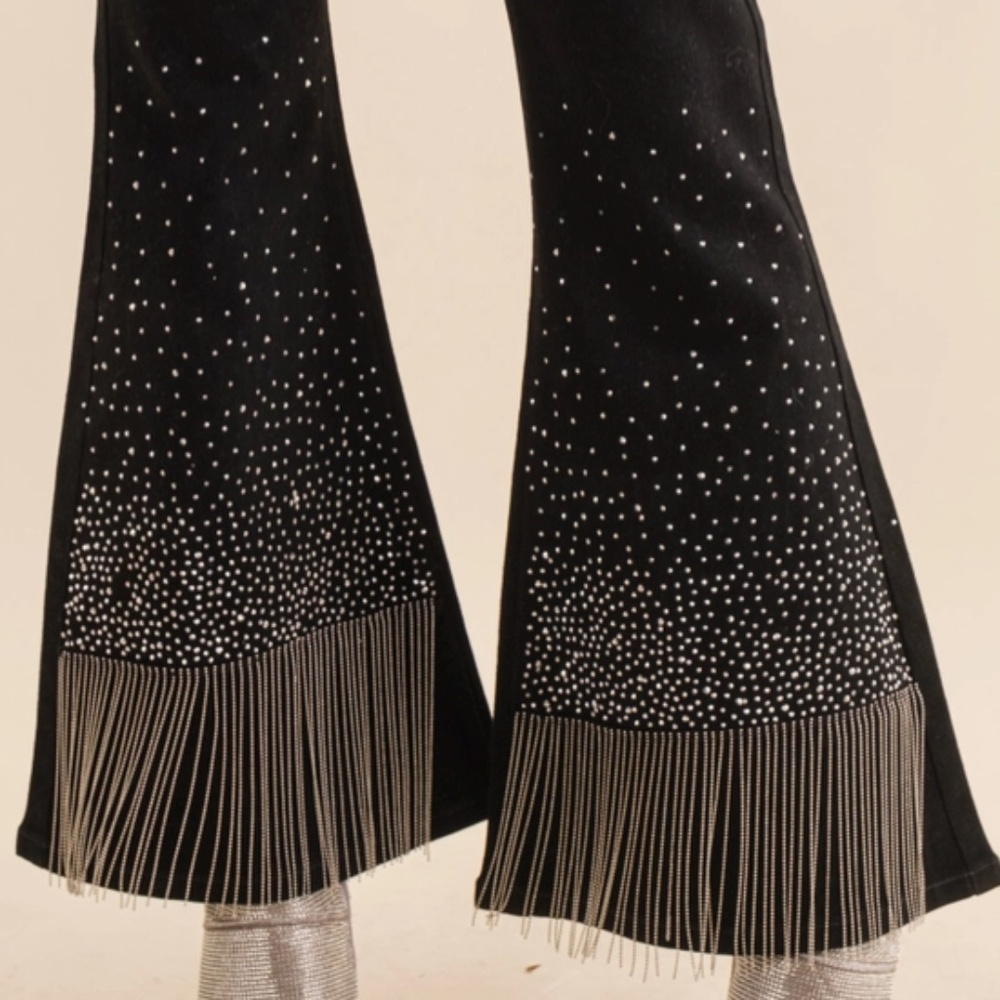 NEW! by Blue B Cotton Stretch Studded Rhinestone Fringe Bell Bottom Jeans Sz SML - Picture 13 of 16